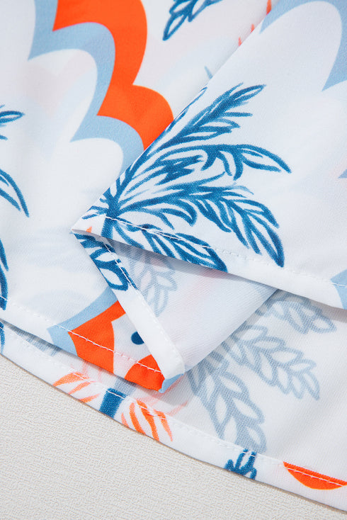 Orange Contrast Palm Tree Printed Short Sleeve Flowy Dress